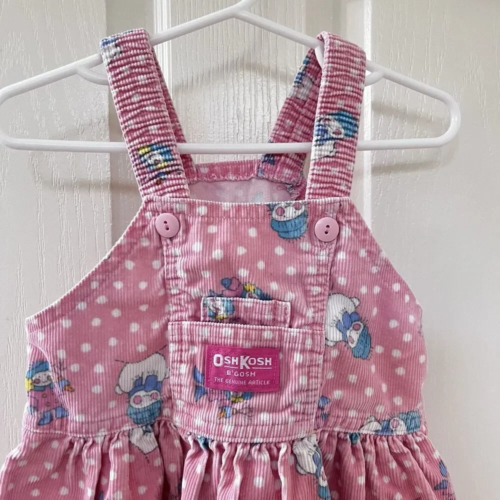 Vintage Oshkosh B'Gosh Pink Corduroy Snowman Overall Dress USA Girls 18 Months